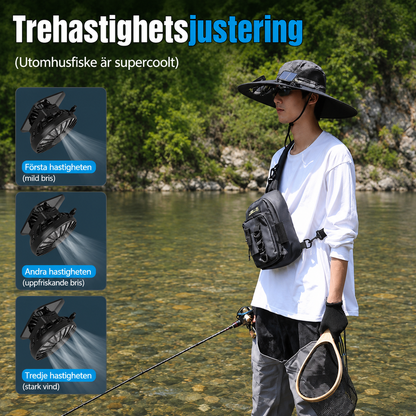Solhatt med inbyggda fläktar – perfekt för vandring, fiske och utomhusaktiviteter.