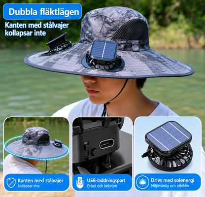 Solhatt med inbyggda fläktar – perfekt för vandring, fiske och utomhusaktiviteter.