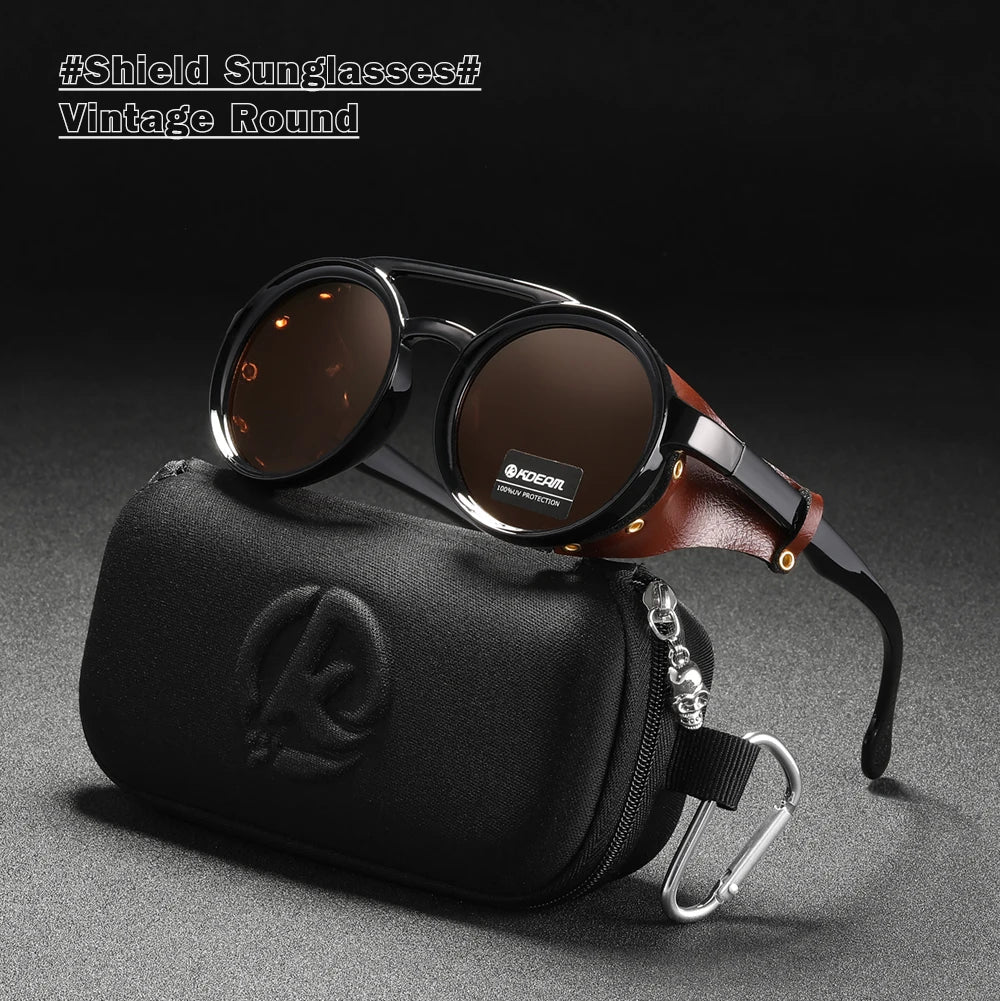 KDEAM Óculos de sol redondos vintage masculino feminino escudo de couro óculos de sol ponte dupla projetado sombra KD179