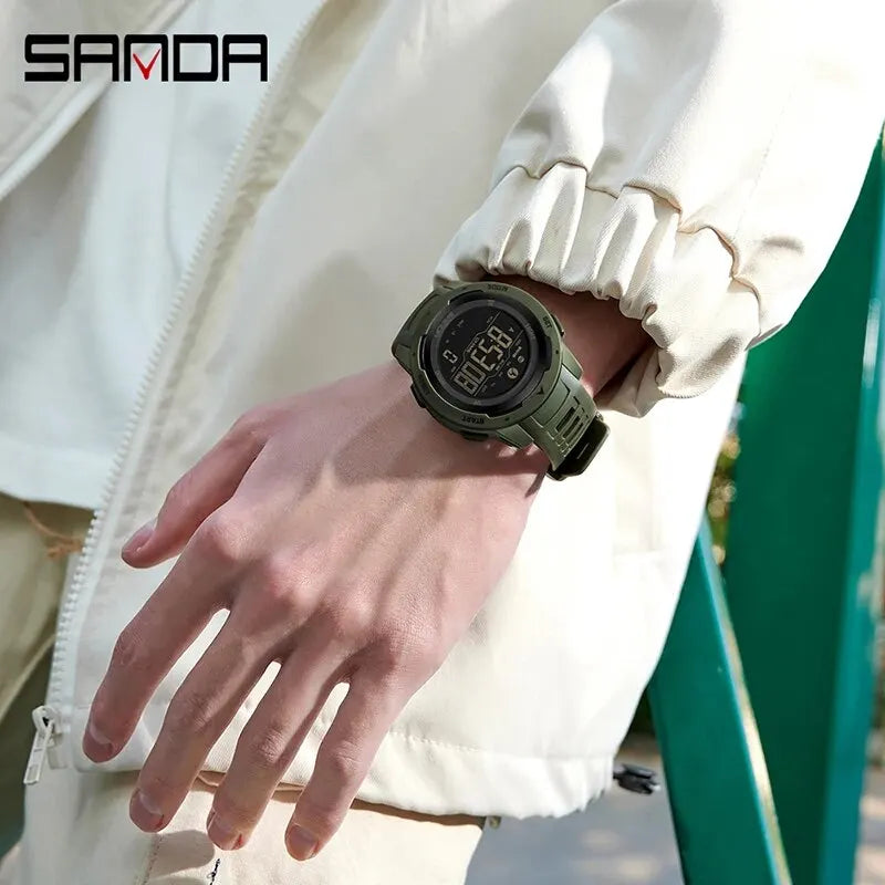 Sanda marca relógios masculinos esportes pedômetro calorias 50m à prova dwaterproof água led relógio digital militar relógio de pulso relogio masculino 2145