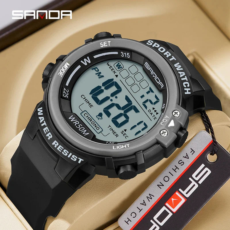Sanda relógio masculino estilo militar g, despertador digital led, moda esportiva, display duplo, 50m, à prova d'água