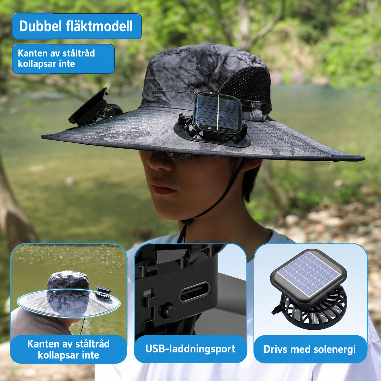 Solhatt med inbyggda fläktar – perfekt för vandring, fiske och utomhusaktiviteter.