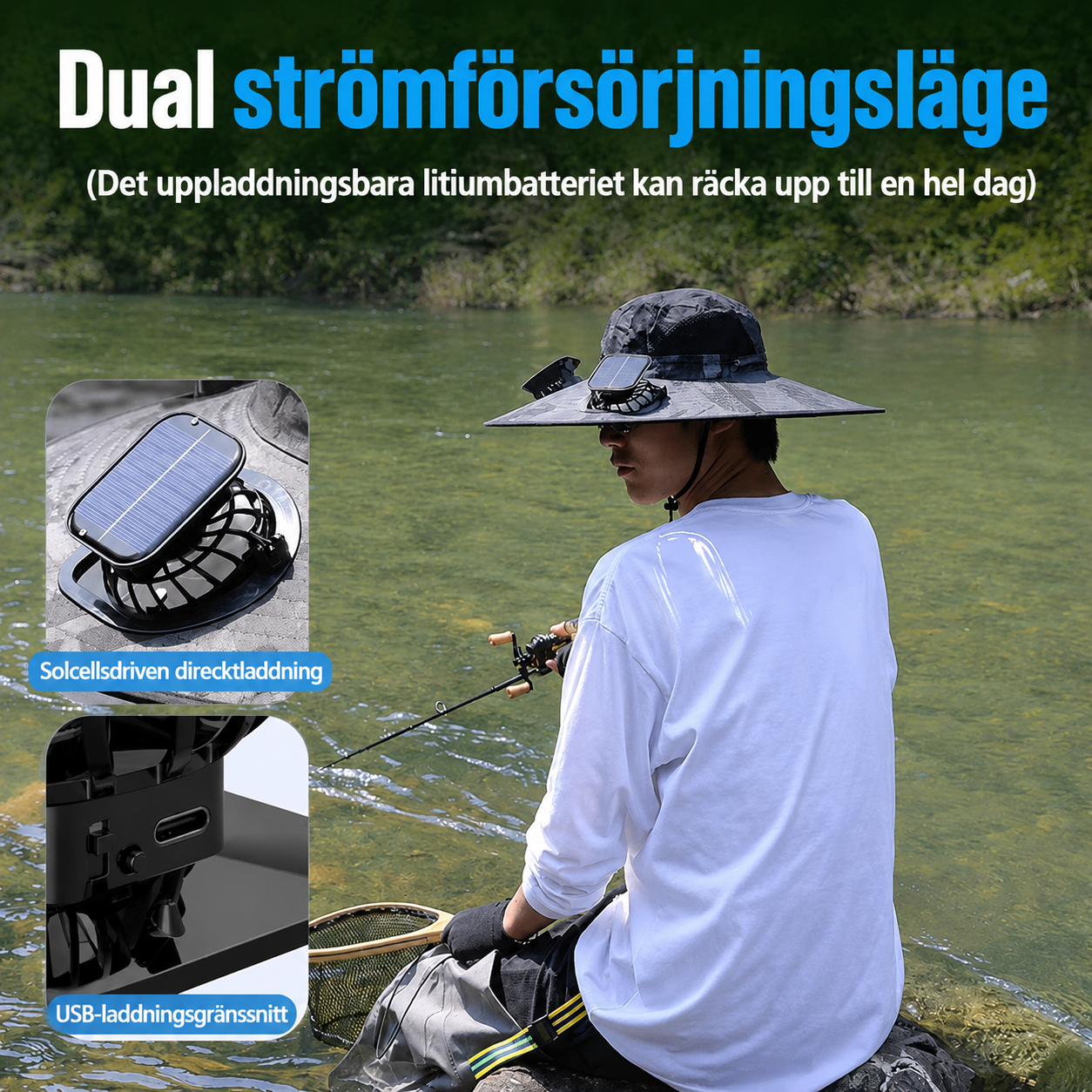 Solhatt med inbyggda fläktar – perfekt för vandring, fiske och utomhusaktiviteter.