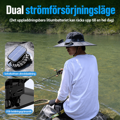 Solhatt med inbyggda fläktar – perfekt för vandring, fiske och utomhusaktiviteter.