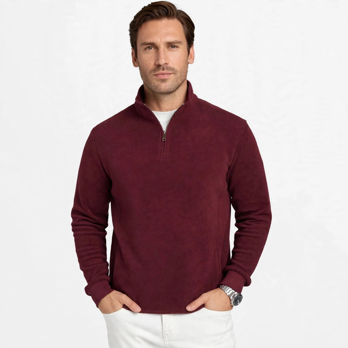 Burgunderroter Pullover mit Reißverschluss